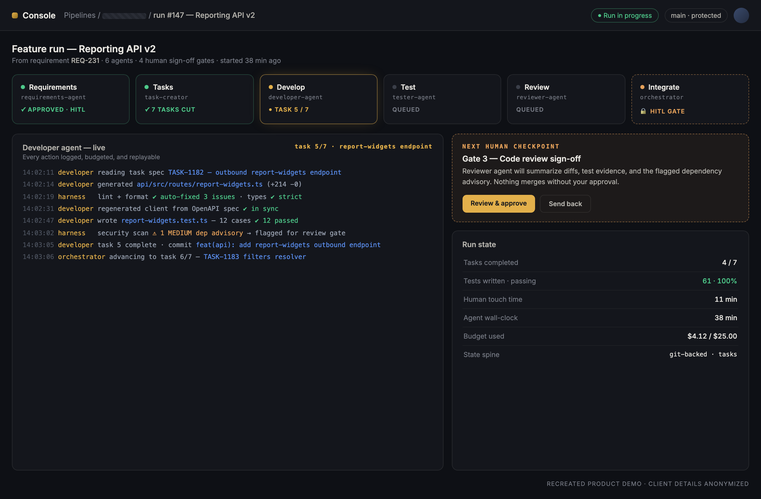 Anonymized platform console — a six-stage agent pipeline with human sign-off gates and a live developer-agent log